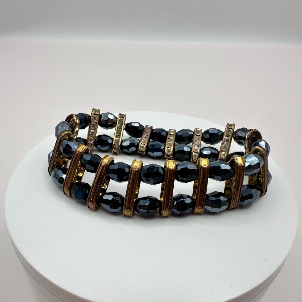 VTG Gold Tone Multi-Row Stretch Bracelet with Black Hematite & Rhinestones